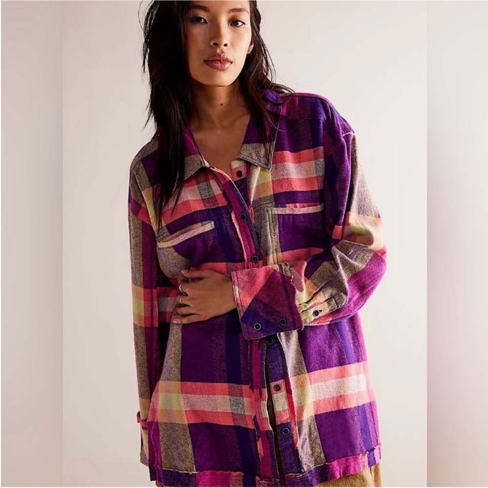 We the Free so long summer plaid flannel oversized button down pink/purple S
